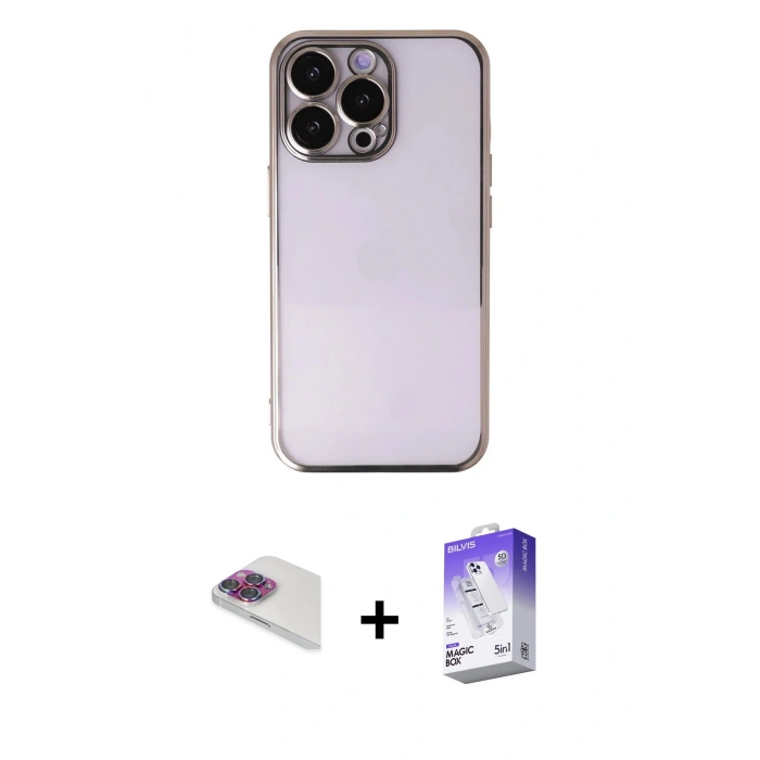 MARSİLYAN™- iPhone 13 Pro Max Kılıf Vadi Minimal - Siyah Bilvis 5in1 3D Magic Cam Ekran Koruyucu + Gökkuşağı Pers Alüminyum Kamera Lens