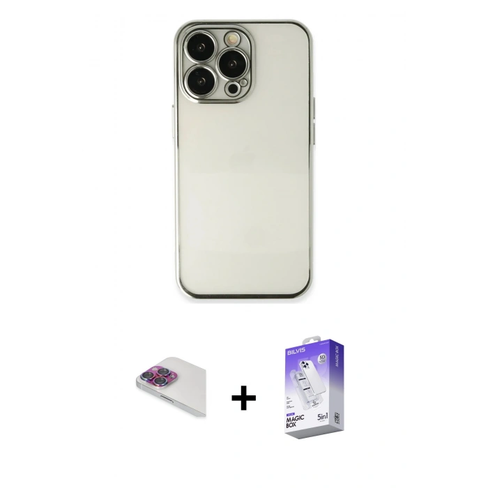 MARSİLYAN™- iPhone 13 Pro Max Kılıf Vadi Minimal - Siyah Bilvis 5in1 3D Magic Cam Ekran Koruyucu + Gökkuşağı Pers Alüminyum Kamera Lens