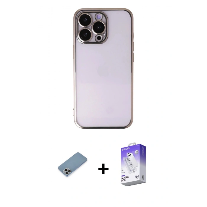 MARSİLYAN™- iPhone 13 Pro Max Kılıf Vadi Minimal - Siyah Bilvis 5in1 3D Magic Cam Ekran Koruyucu + Gökkuşağı Shine Kamera Lens Koruma Cam