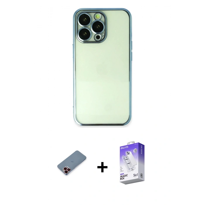 MARSİLYAN™- iPhone 13 Pro Max Kılıf Vadi Minimal - Siyah Bilvis 5in1 3D Magic Cam Ekran Koruyucu + Kırmızı Metal Kamera Lens Koruma Cam