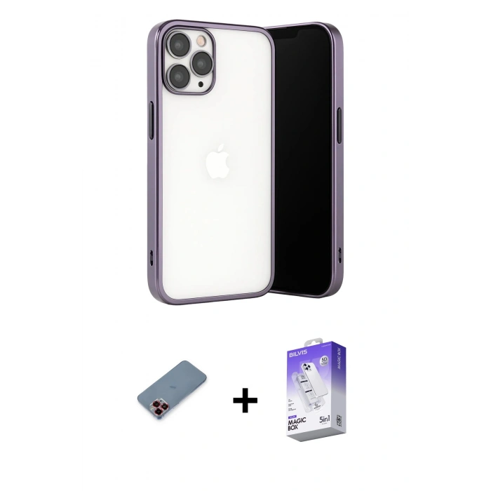 MARSİLYAN™- iPhone 13 Pro Max Kılıf Vadi Minimal - Siyah Bilvis 5in1 3D Magic Cam Ekran Koruyucu + Kırmızı Metal Kamera Lens Koruma Cam