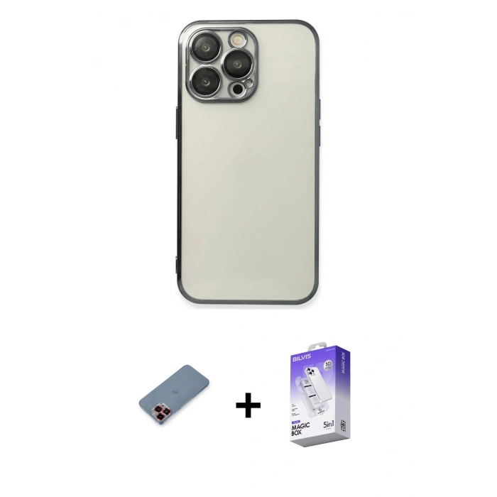 MARSİLYAN™- iPhone 13 Pro Max Kılıf Vadi Minimal - Siyah Bilvis 5in1 3D Magic Cam Ekran Koruyucu + Kırmızı Metal Kamera Lens Koruma Cam