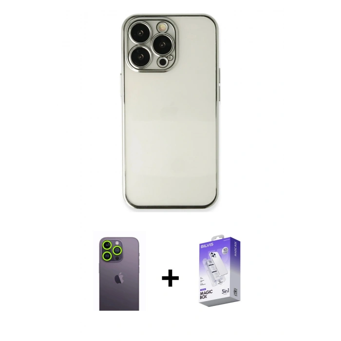 MARSİLYAN™- iPhone 13 Pro Max Kılıf Vadi Minimal - Siyah Bilvis 5in1 3D Magic Cam Ekran Koruyucu + Neon Fosforlu Kamera Lens - YL