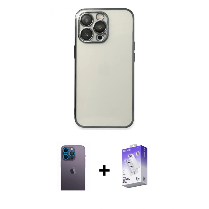 MARSİLYAN™- iPhone 13 Pro Max Kılıf Vadi Minimal - Siyah Bilvis 5in1 3D Magic Cam Ekran Koruyucu + Neon Fosforlu Kamera Lens - MI