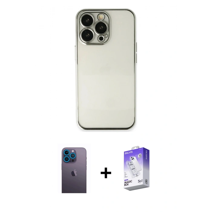 MARSİLYAN™- iPhone 13 Pro Max Kılıf Vadi Minimal - Siyah Bilvis 5in1 3D Magic Cam Ekran Koruyucu + Neon Fosforlu Kamera Lens - MI