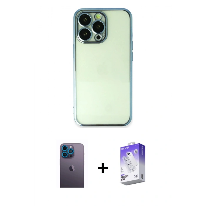 MARSİLYAN™- iPhone 13 Pro Max Kılıf Vadi Minimal - Siyah Bilvis 5in1 3D Magic Cam Ekran Koruyucu + Neon Fosforlu Kamera Lens - MI
