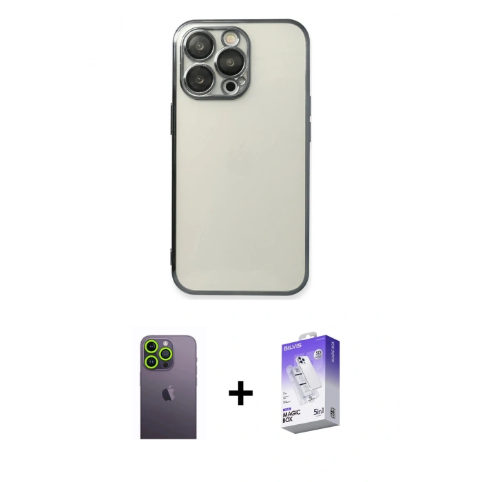MARSİLYAN™- iPhone 13 Pro Max Kılıf Vadi Minimal - Siyah Bilvis 5in1 3D Magic Cam Ekran Koruyucu + Neon Fosforlu Kamera Lens - YL