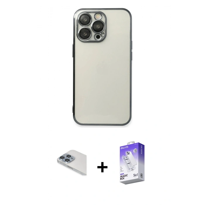 MARSİLYAN™- iPhone 13 Pro Max Kılıf Vadi Minimal - Siyah Bilvis 5in1 3D Magic Cam Ekran Koruyucu + Pers Alüminyum Kamera Lens - SABE