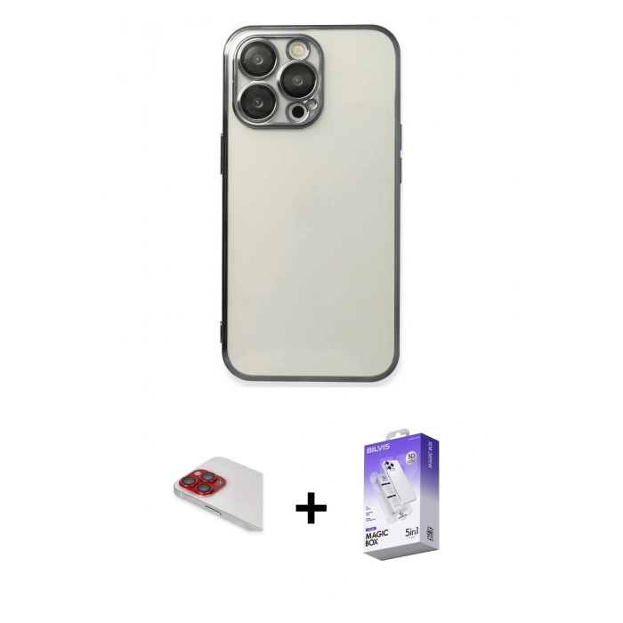 MARSİLYAN™- iPhone 13 Pro Max Kılıf Vadi Minimal - Siyah Bilvis 5in1 3D Magic Cam Ekran Koruyucu + Pers Alüminyum Kamera Lens - KI