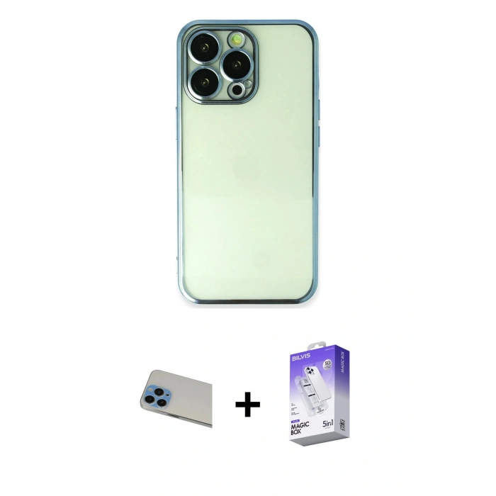 MARSİLYAN™- iPhone 13 Pro Max Kılıf Vadi Minimal - Siyah Bilvis 5in1 3D Magic Cam Ekran Koruyucu + Rainbow Kamera Lens Koruma Cam - MI