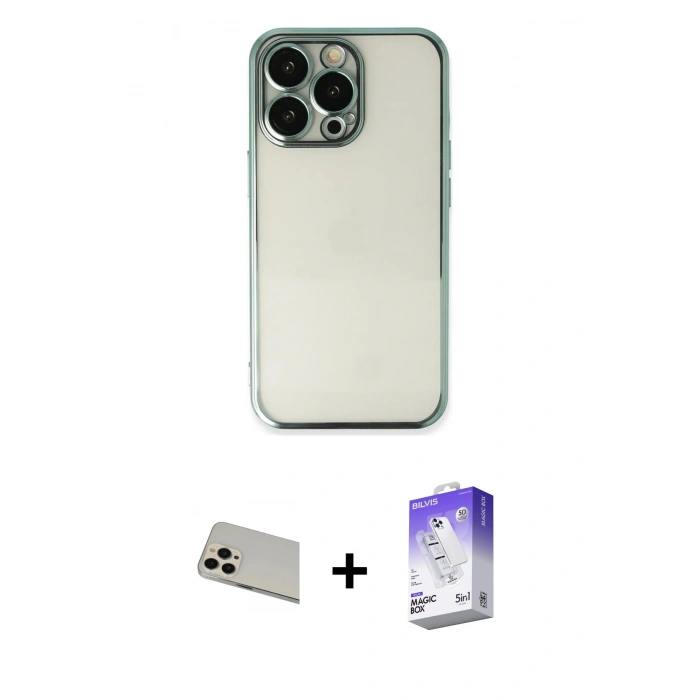 MARSİLYAN™- iPhone 13 Pro Max Kılıf Vadi Minimal - Siyah Bilvis 5in1 3D Magic Cam Ekran Koruyucu + Rainbow Kamera Lens Koruma Cam - REGD