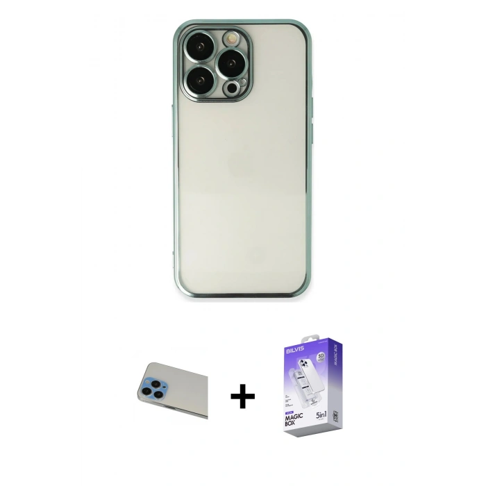MARSİLYAN™- iPhone 13 Pro Max Kılıf Vadi Minimal - Siyah Bilvis 5in1 3D Magic Cam Ekran Koruyucu + Rainbow Kamera Lens Koruma Cam - MI