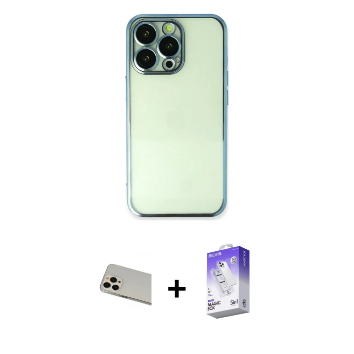 MARSİLYAN™- iPhone 13 Pro Max Kılıf Vadi Minimal - Siyah Bilvis 5in1 3D Magic Cam Ekran Koruyucu + Rainbow Kamera Lens Koruma Cam - REGD