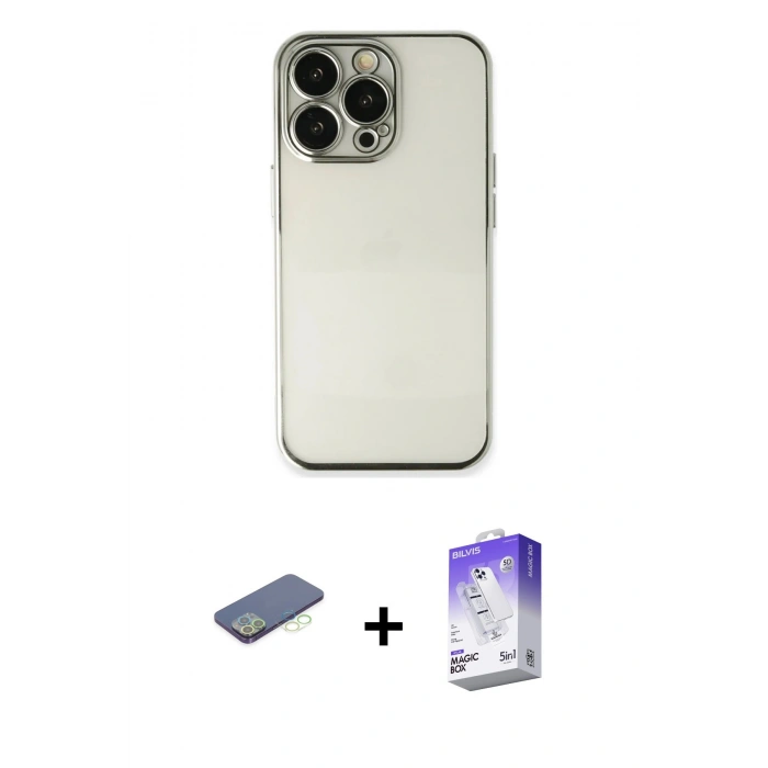 MARSİLYAN™- iPhone 13 Pro Max Kılıf Vadi Minimal - Siyah Bilvis 5in1 3D Magic Cam Ekran Koruyucu + Yeşil Renkli Kamera Lens Koruma Cam