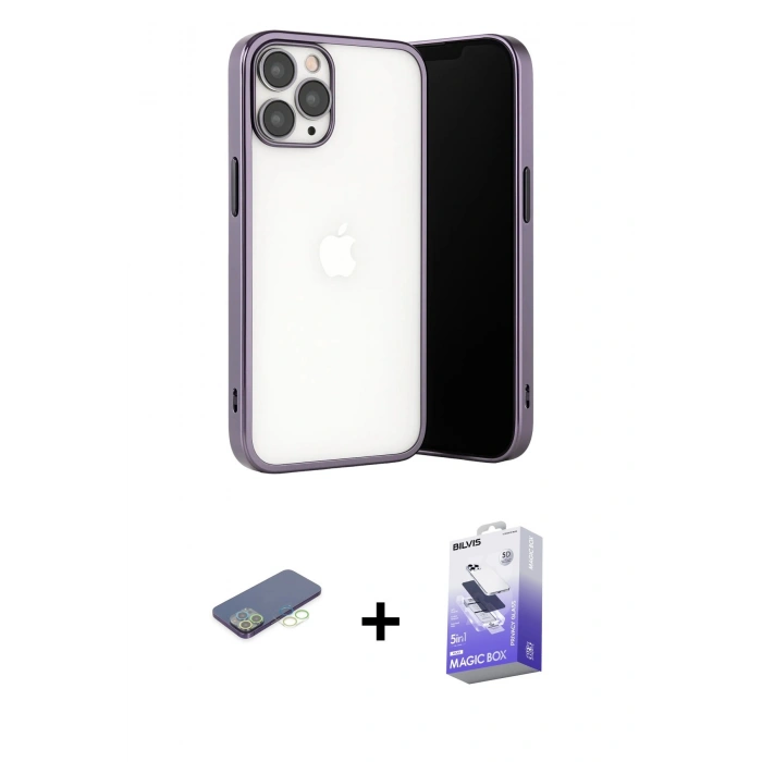 MARSİLYAN™- iPhone 13 Pro Max Kılıf Vadi Minimal - Siyah Bilvis 5in1 5D Magic Hayalet Cam Ekran Koruyucu + Renkli Kamera Lens Koruma Cam - YL