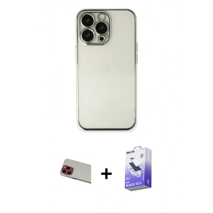 MARSİLYAN™- iPhone 13 Pro Max Kılıf Vadi Minimal - Siyah Bilvis 5in1 5D Magic Hayalet Cam Ekran Koruyucu + Rainbow Kamera Lens Koruma Cam - KI
