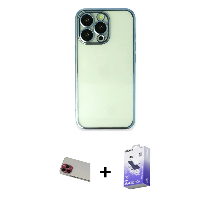MARSİLYAN™- iPhone 13 Pro Max Kılıf Vadi Minimal - Siyah Bilvis 5in1 5D Magic Hayalet Cam Ekran Koruyucu + Rainbow Kamera Lens Koruma Cam - KI