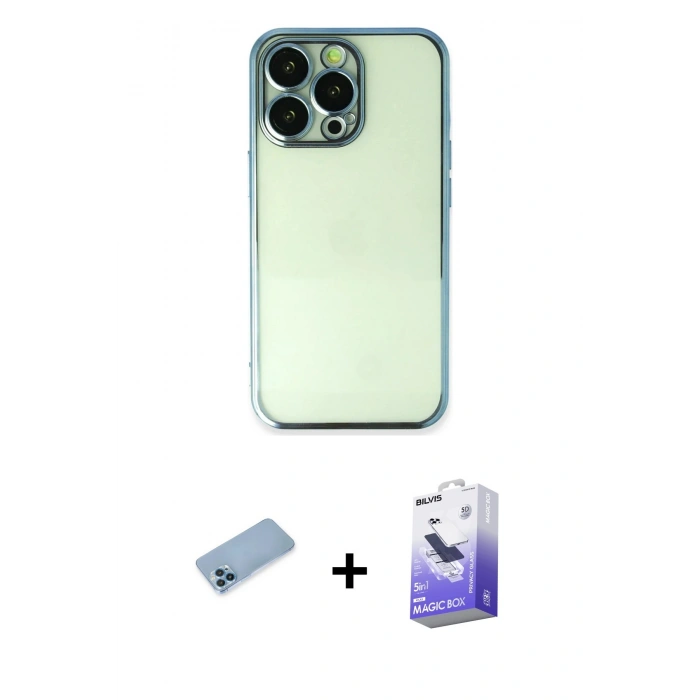 MARSİLYAN™- iPhone 13 Pro Max Kılıf Vadi Minimal - Siyah Bilvis 5in1 5D Magic Hayalet Cam Ekran Koruyucu + Mavi Shine Kamera Lens Koruma Cam