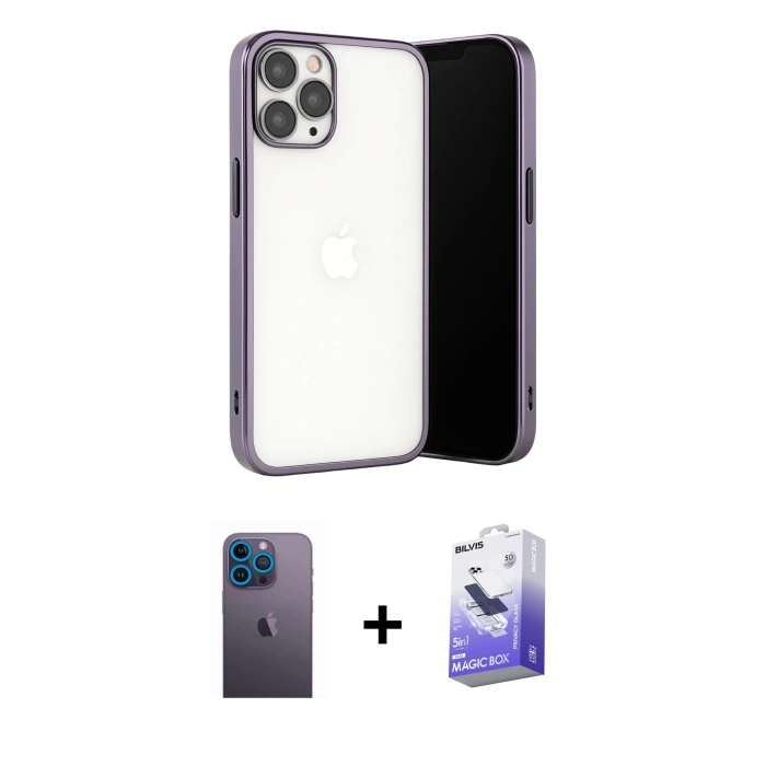 MARSİLYAN™- iPhone 13 Pro Max Kılıf Vadi Minimal - Siyah Bilvis 5in1 5D Magic Hayalet Cam Ekran Koruyucu + Neon Fosforlu Kamera Lens - MI