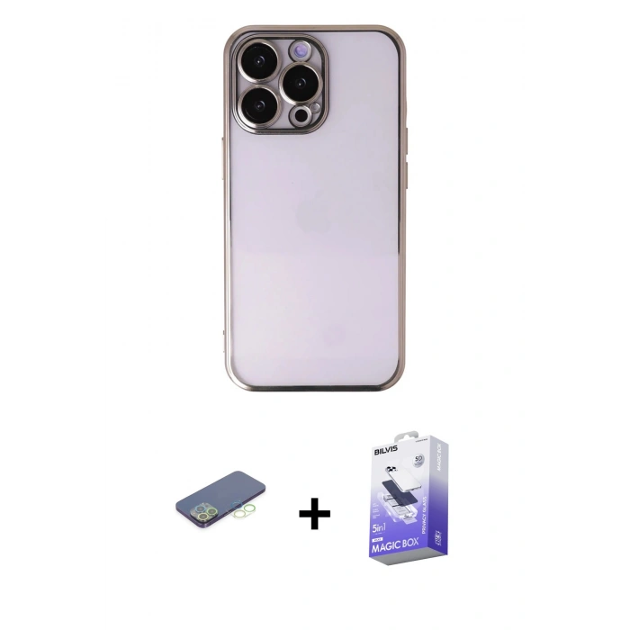 MARSİLYAN™- iPhone 13 Pro Max Kılıf Vadi Minimal - Siyah Bilvis 5in1 5D Magic Hayalet Cam Ekran Koruyucu + Renkli Kamera Lens Koruma Cam - YL