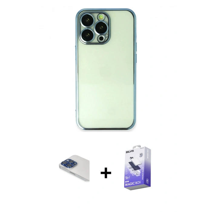 MARSİLYAN™- iPhone 13 Pro Max Kılıf Vadi Minimal - Siyah Bilvis 5in1 5D Magic Hayalet Cam Ekran Koruyucu + Pers Alüminyum Kamera Lens - LT