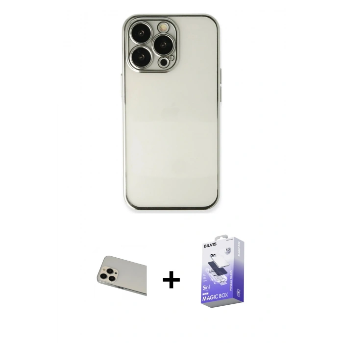 MARSİLYAN™- iPhone 13 Pro Max Kılıf Vadi Minimal - Siyah Bilvis 5in1 5D Magic Hayalet Cam Ekran Koruyucu + Rose Gold Rainbow Kamera Lens Koruma Cam