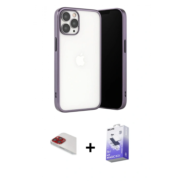 MARSİLYAN™- iPhone 13 Pro Max Kılıf Vadi Minimal - Siyah Bilvis 5in1 5D Magic Hayalet Cam Ekran Koruyucu + Pers Alüminyum Kamera Lens - KI