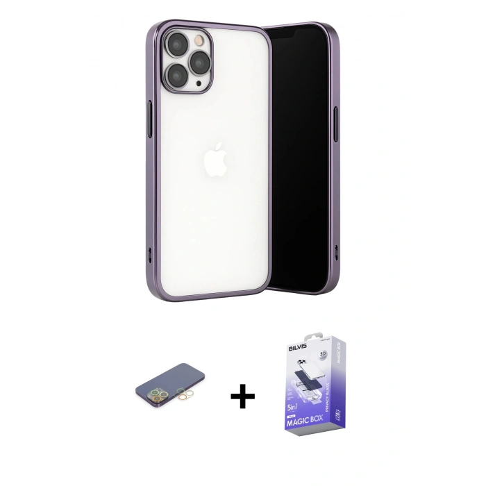 MARSİLYAN™- iPhone 13 Pro Max Kılıf Vadi Minimal - Siyah Bilvis 5in1 5D Magic Hayalet Cam Ekran Koruyucu + Renkli Kamera Lens Koruma Cam - SI