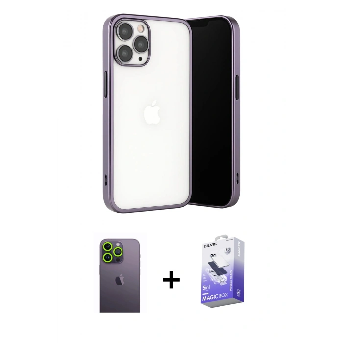 MARSİLYAN™- iPhone 13 Pro Max Kılıf Vadi Minimal - Siyah Bilvis 5in1 5D Magic Hayalet Cam Ekran Koruyucu + Neon Fosforlu Kamera Lens - YL