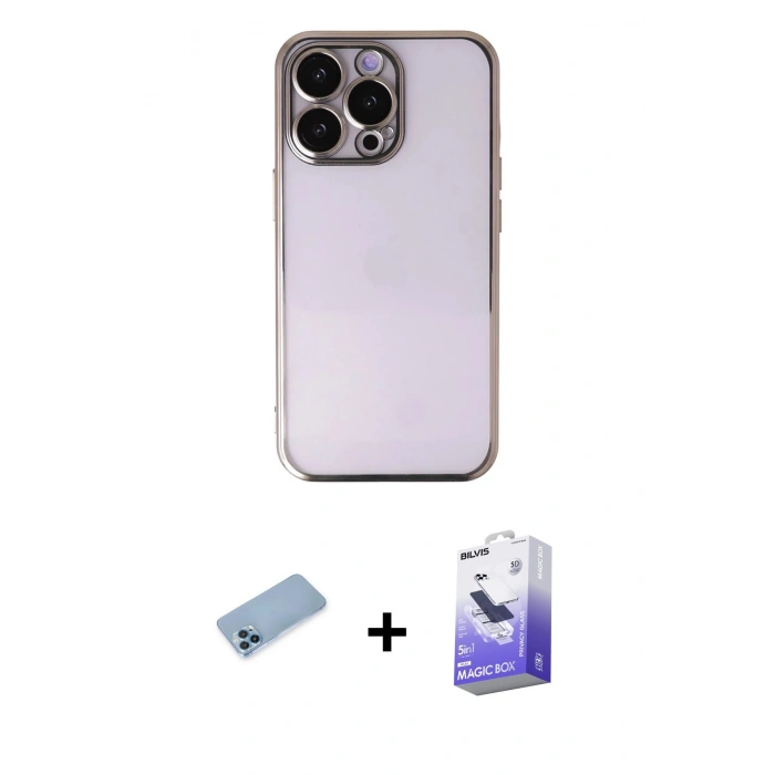 MARSİLYAN™- iPhone 13 Pro Max Kılıf Vadi Minimal - Siyah Bilvis 5in1 5D Magic Hayalet Cam Ekran Koruyucu + Mavi Shine Kamera Lens Koruma Cam