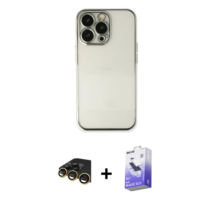 MARSİLYAN™- iPhone 13 Pro Max Kılıf Vadi Minimal - Siyah Bilvis 5in1 5D Magic Hayalet Cam Ekran Koruyucu + Raze Metal Kamera Lens - GD