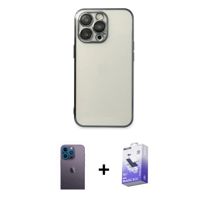 MARSİLYAN™- iPhone 13 Pro Max Kılıf Vadi Minimal - Siyah Bilvis 5in1 5D Magic Hayalet Cam Ekran Koruyucu + Neon Fosforlu Kamera Lens - MI