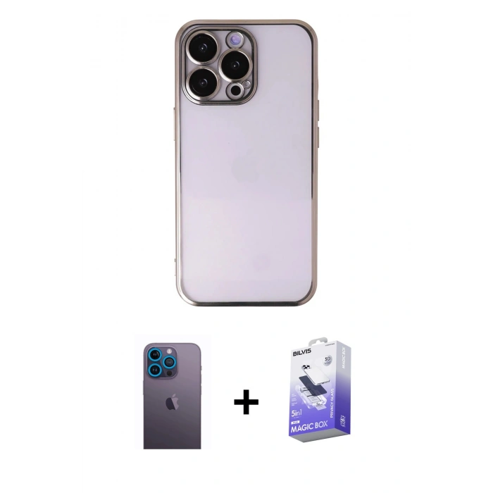 MARSİLYAN™- iPhone 13 Pro Max Kılıf Vadi Minimal - Siyah Bilvis 5in1 5D Magic Hayalet Cam Ekran Koruyucu + Neon Fosforlu Kamera Lens - MI