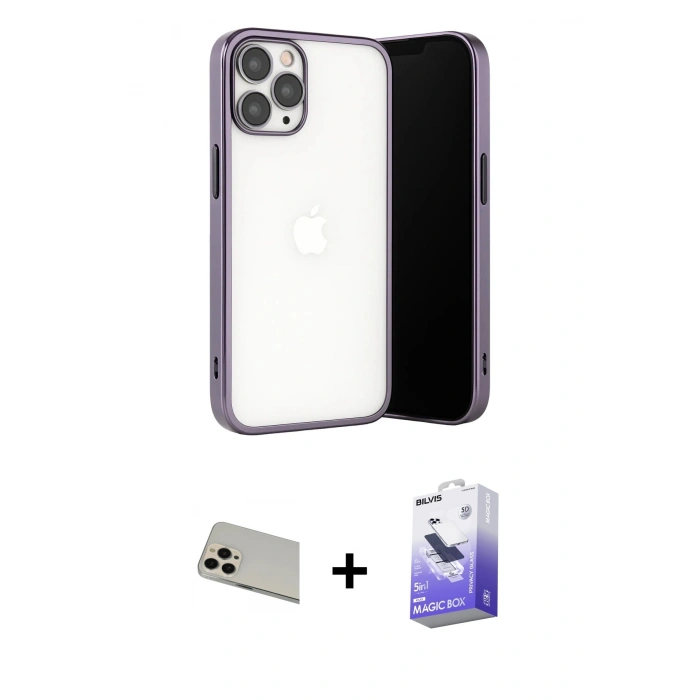 MARSİLYAN™- iPhone 13 Pro Max Kılıf Vadi Minimal - Siyah Bilvis 5in1 5D Magic Hayalet Cam Ekran Koruyucu + Rose Gold Rainbow Kamera Lens Koruma Cam