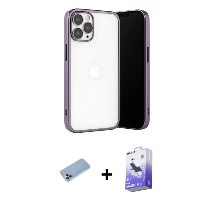 MARSİLYAN™- iPhone 13 Pro Max Kılıf Vadi Minimal - Siyah Bilvis 5in1 5D Magic Hayalet Cam Ekran Koruyucu + Mavi Shine Kamera Lens Koruma Cam
