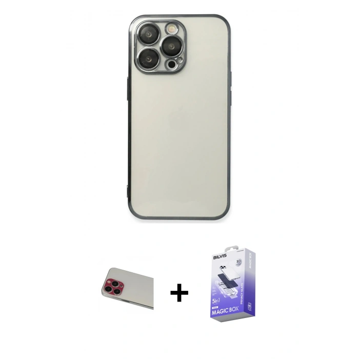MARSİLYAN™- iPhone 13 Pro Max Kılıf Vadi Minimal - Siyah Bilvis 5in1 5D Magic Hayalet Cam Ekran Koruyucu + Rainbow Kamera Lens Koruma Cam - KI