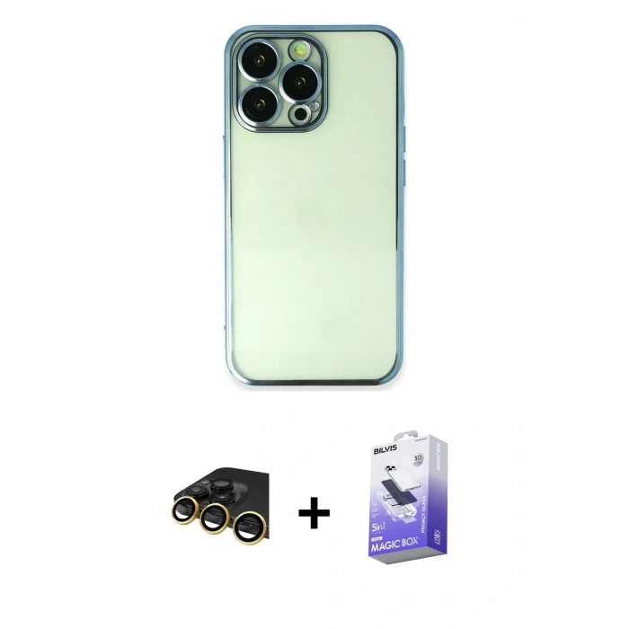 MARSİLYAN™- iPhone 13 Pro Max Kılıf Vadi Minimal - Siyah Bilvis 5in1 5D Magic Hayalet Cam Ekran Koruyucu + Raze Metal Kamera Lens - GD