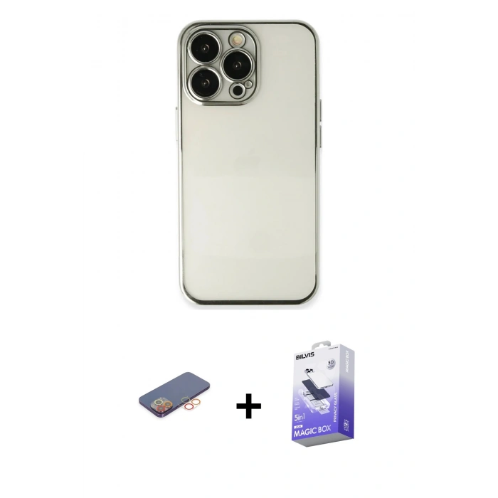 MARSİLYAN™- iPhone 13 Pro Max Kılıf Vadi Minimal - Siyah Bilvis 5in1 5D Magic Hayalet Cam Ekran Koruyucu + Renkli Kamera Lens Koruma Cam - TU