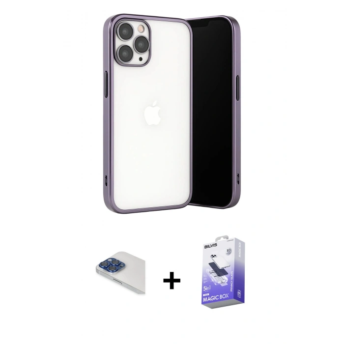MARSİLYAN™- iPhone 13 Pro Max Kılıf Vadi Minimal - Siyah Bilvis 5in1 5D Magic Hayalet Cam Ekran Koruyucu + Pers Alüminyum Kamera Lens - LT