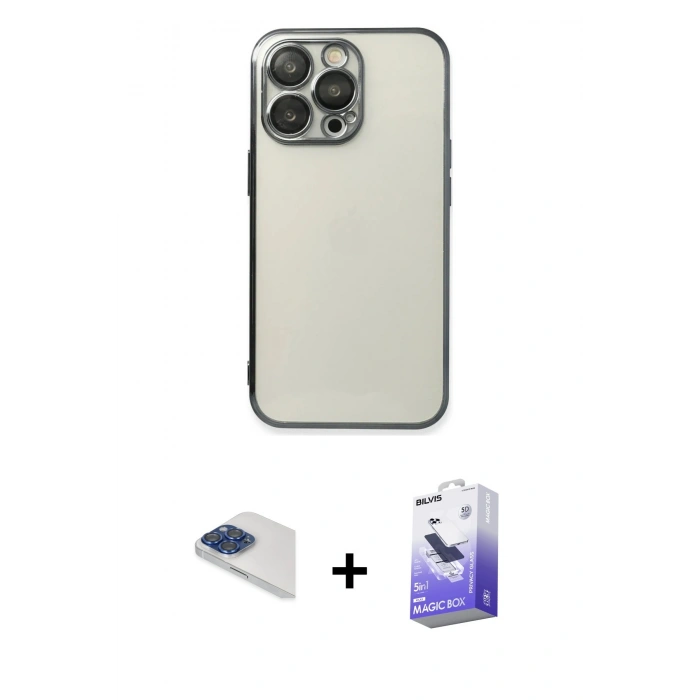 MARSİLYAN™- iPhone 13 Pro Max Kılıf Vadi Minimal - Siyah Bilvis 5in1 5D Magic Hayalet Cam Ekran Koruyucu + Pers Alüminyum Kamera Lens - LT
