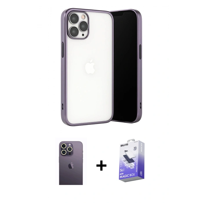 MARSİLYAN™- iPhone 13 Pro Max Kılıf Vadi Minimal - Siyah Bilvis 5in1 5D Magic Hayalet Cam Ekran Koruyucu + Neon Fosforlu Kamera Lens - BZ