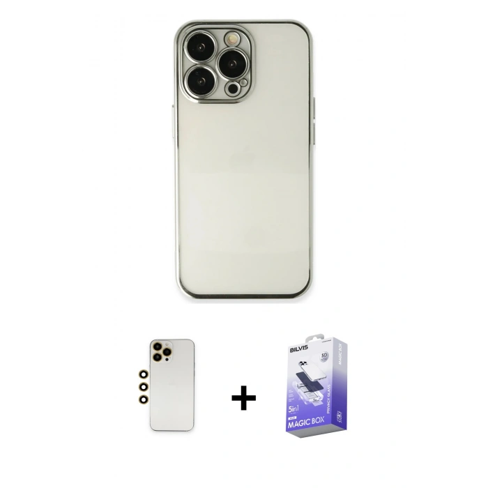 MARSİLYAN™- iPhone 13 Pro Max Kılıf Vadi Minimal - Siyah Bilvis 5in1 5D Magic Hayalet Cam Ekran Koruyucu + Gold Shine Kamera Lens