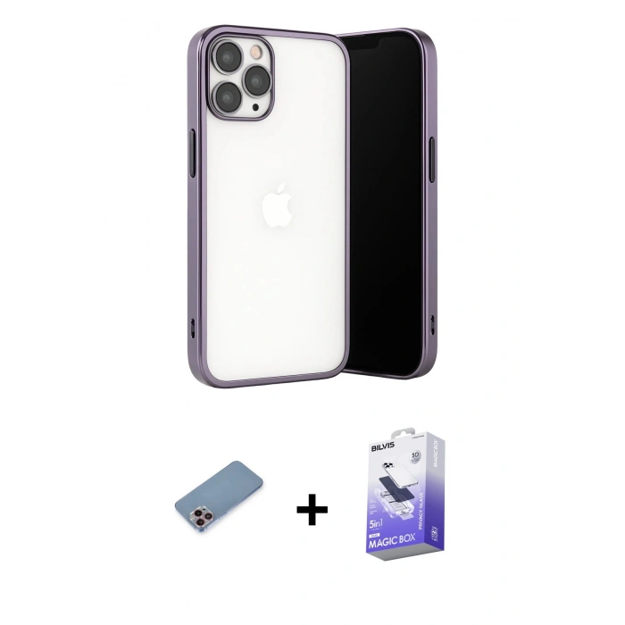 MARSİLYAN™- iPhone 13 Pro Max Kılıf Vadi Minimal - Siyah Bilvis 5in1 5D Magic Hayalet Cam Ekran Koruyucu + Shine Kamera Lens Koruma Cam - PE