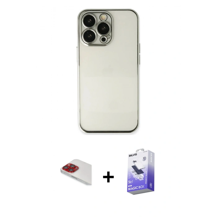 MARSİLYAN™- iPhone 13 Pro Max Kılıf Vadi Minimal - Siyah Bilvis 5in1 5D Magic Hayalet Cam Ekran Koruyucu + Pers Alüminyum Kamera Lens - KI
