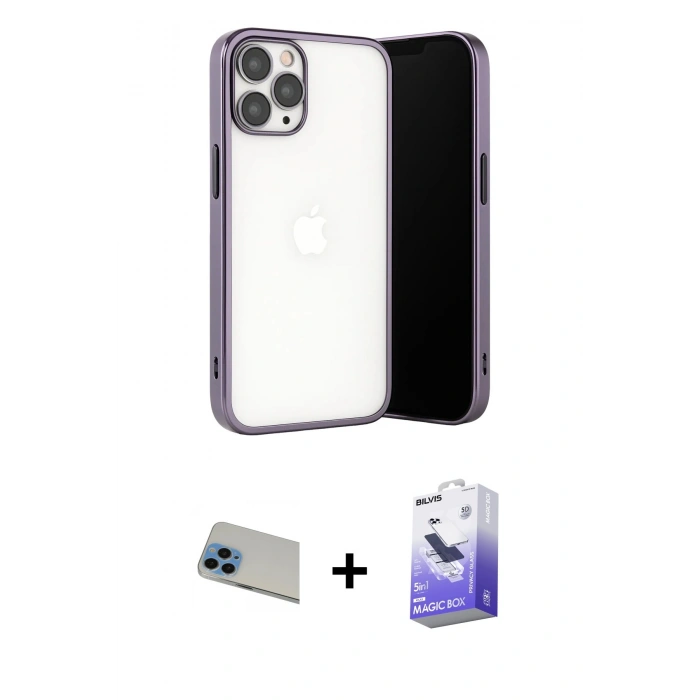 MARSİLYAN™- iPhone 13 Pro Max Kılıf Vadi Minimal - Siyah Bilvis 5in1 5D Magic Hayalet Cam Ekran Koruyucu + Rainbow Kamera Lens Koruma Cam - MI