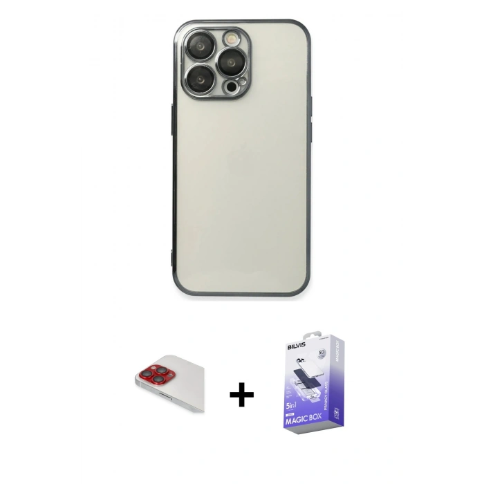 MARSİLYAN™- iPhone 13 Pro Max Kılıf Vadi Minimal - Siyah Bilvis 5in1 5D Magic Hayalet Cam Ekran Koruyucu + Pers Alüminyum Kamera Lens - KI