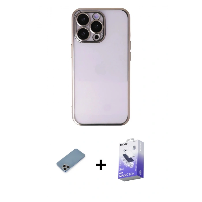 MARSİLYAN™- iPhone 13 Pro Max Kılıf Vadi Minimal - Siyah Bilvis 5in1 5D Magic Hayalet Cam Ekran Koruyucu + Shine Kamera Lens Koruma Cam - GI