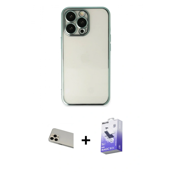 MARSİLYAN™- iPhone 13 Pro Max Kılıf Vadi Minimal - Siyah Bilvis 5in1 5D Magic Hayalet Cam Ekran Koruyucu + Rose Gold Rainbow Kamera Lens Koruma Cam