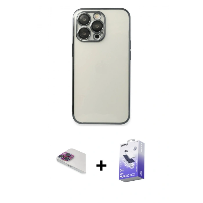 MARSİLYAN™- iPhone 13 Pro Max Kılıf Vadi Minimal - Siyah Bilvis 5in1 5D Magic Hayalet Cam Ekran Koruyucu + Pers Alüminyum Kamera Lens - GI