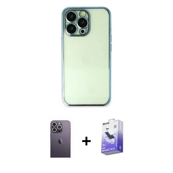 MARSİLYAN™- iPhone 13 Pro Max Kılıf Vadi Minimal - Siyah Bilvis 5in1 5D Magic Hayalet Cam Ekran Koruyucu + Neon Fosforlu Kamera Lens - BZ